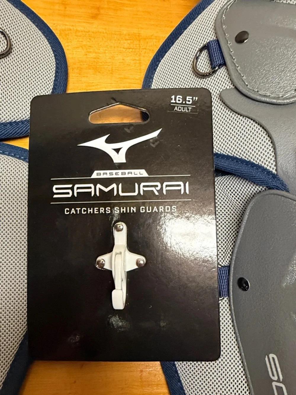 Mizuno Gray and Navy Samurai Catcher’s Shin Guards - Picture 2 of 3